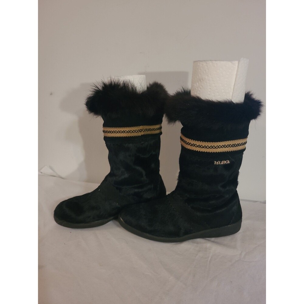 TECNICA Italy Womens Boot Size 39 8/8.5  Black Goat Fur Apres Ski Pull On Bootie